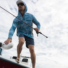 Load image into Gallery viewer, Sportsman Light Blue Camo Fishing Hoodie with Built In Face Mask and Navy Scout Shorts
