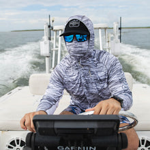Load image into Gallery viewer, Sportsman Grey Camo Quarter Zip Fishing Hoodie with Built In Face Mask &amp; Black Deer, Duck, Fish Fleur-de-lis Hat
