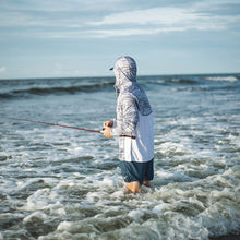 Load image into Gallery viewer, Sportsman Grey Camo Fishing Hoodie with Built In Face Mask and Navy Scout Swim Trunks
