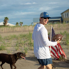 Load image into Gallery viewer, Sportsman White Hydrotech Fishing Hoodie &amp; Blue Deer, Duck, Fish Fleur-de-lis Snapback Hat
