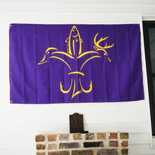 Load image into Gallery viewer, Sportsman Flag - LSU Purple &amp; Gold - Deer, Duck, Fish Fleur-de-lis Design
