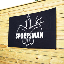 Load image into Gallery viewer, Sportsman Flag - Black &amp; White - Deer, Duck, Fish Fleur-de-lis Design
