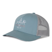 Load image into Gallery viewer, silver mesh back, low pro shape, adjustable snapback - white deer, duck, fish fleur-de-lis with silver &quot;Sportsman&quot; through logo
