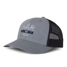 Load image into Gallery viewer, Sportsman hat - heather grey cotton front, dark navy mesh back, low pro shape, adjustable snapback - white deer, duck, fish fleur-de-lis with dark navy &quot;Sportsman&quot; through logo
