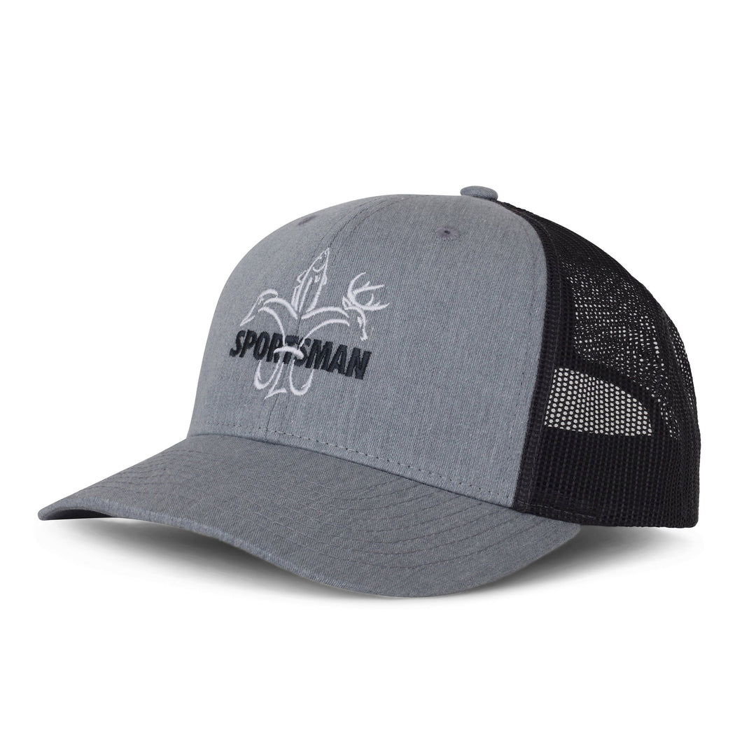 Sportsman hat - heather grey cotton front, dark navy mesh back, low pro shape, adjustable snapback - white deer, duck, fish fleur-de-lis with dark navy 
