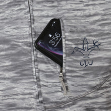 Load image into Gallery viewer, Sportsman Gray Camo Fishing Hoodie with Built In Face Mask - Deer, Duck, Fish Fleur-de-lis Logo
